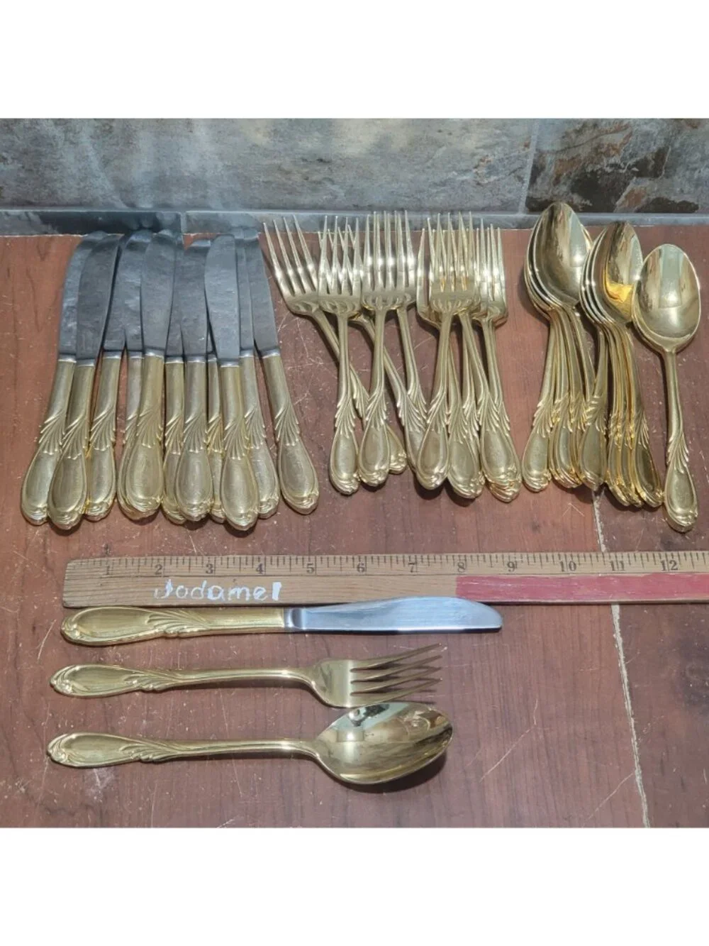 36 Piece Classic Plume Gold Electroplated Flatware Marked Stainless Steel Korea